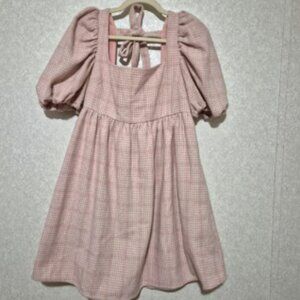 JAQUIE THE LABEL....Pink Plaid Puff Sleeve Mini Sundress..SIZE:M